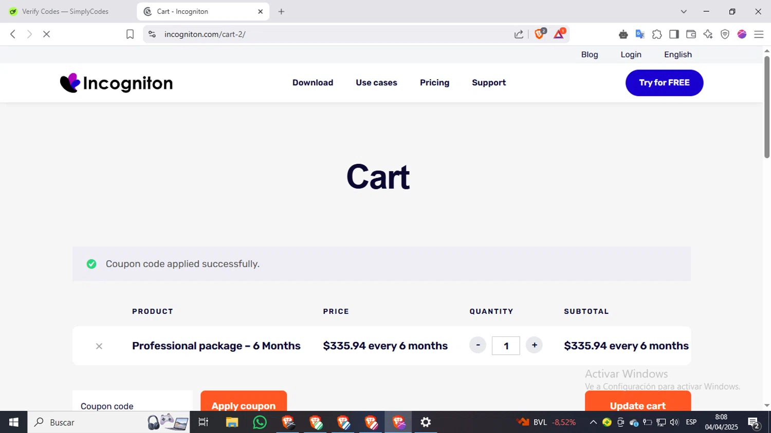 Incogniton coupon code screenshot showing code UPITNOW applied at Incogniton checkout page. Uploaded by SimplyCodes community member CashSpotter9266 on Apr 4, 2025