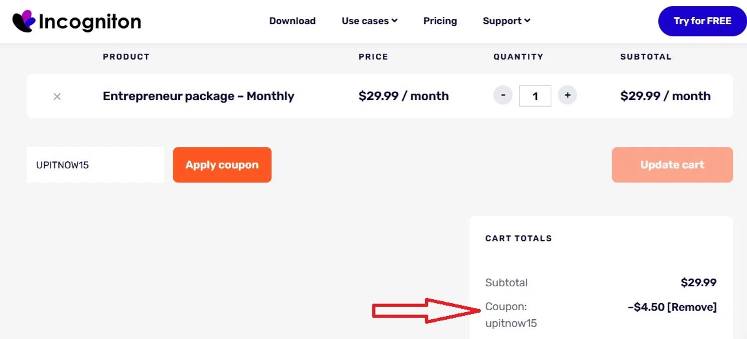 Incogniton coupon code screenshot showing code UPITNOW15 applied at Incogniton checkout page. Uploaded by SimplyCodes community member choice on Nov 6, 2025