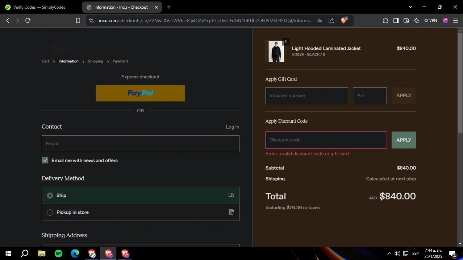Incu promo code screenshot showing code TAF20 applied at Incu checkout page. Uploaded by SimplyCodes community member Yoseff2 on Jan 25, 2025