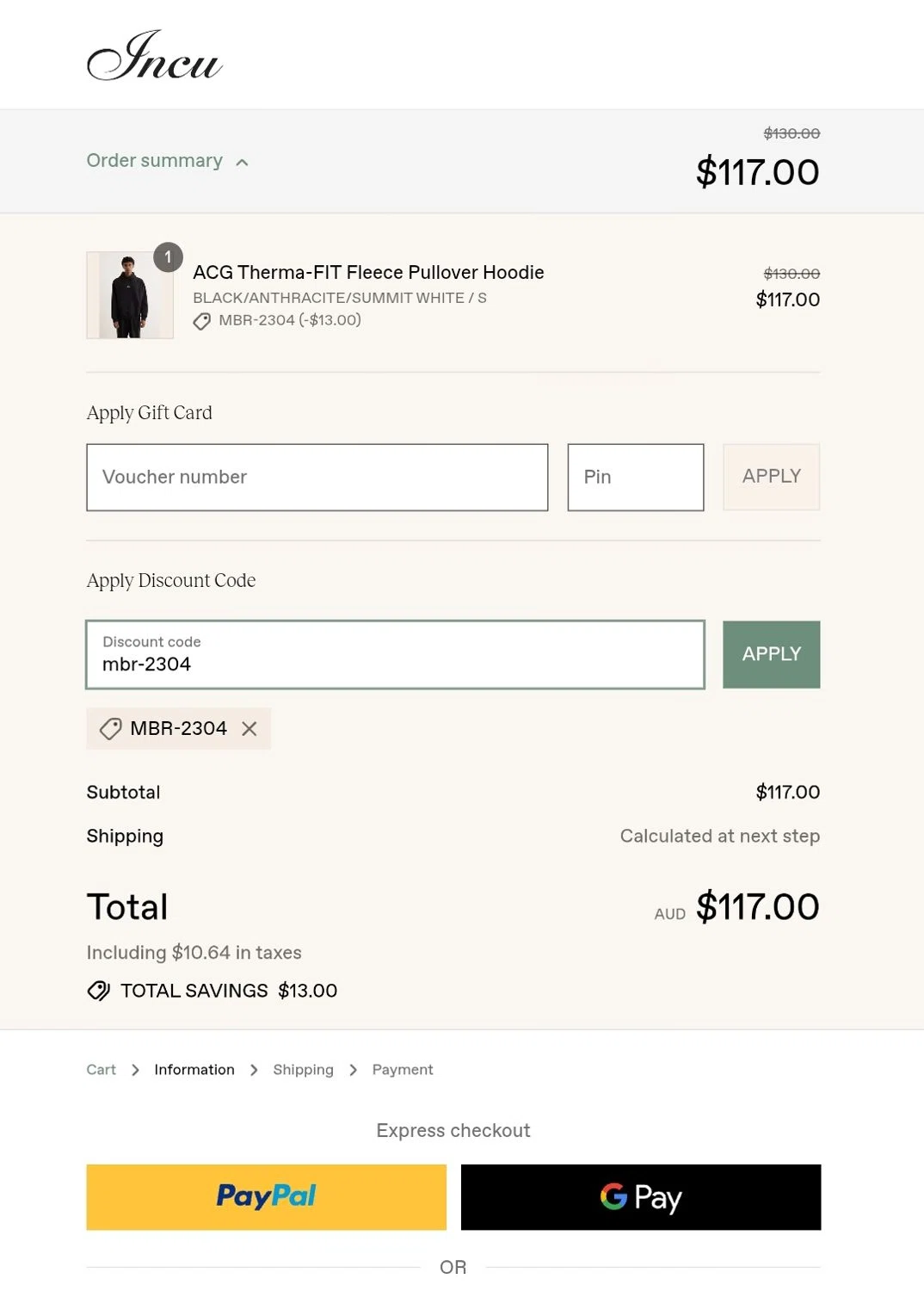 Incu checkout page showing Incu promo code box | Screenshot taken by SimplyCodes community member on Aug 3, 2025