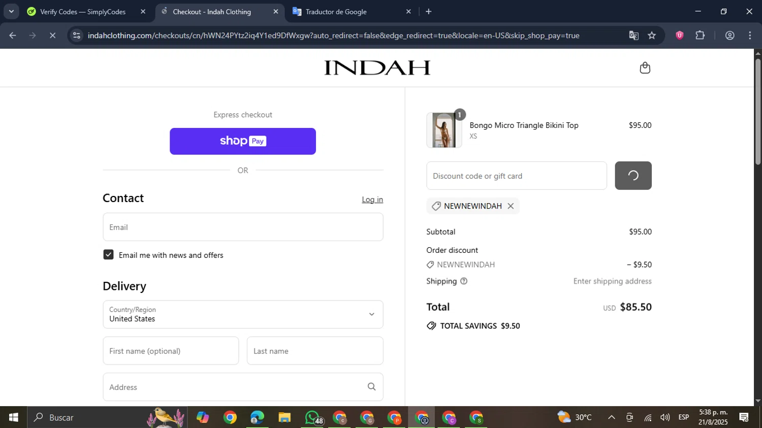 Indah Clothing promo code screenshot showing code NEWNEWINDAH applied at Indah Clothing checkout page. Uploaded by SimplyCodes community member GloriousDefender7889 on Aug 21, 2025