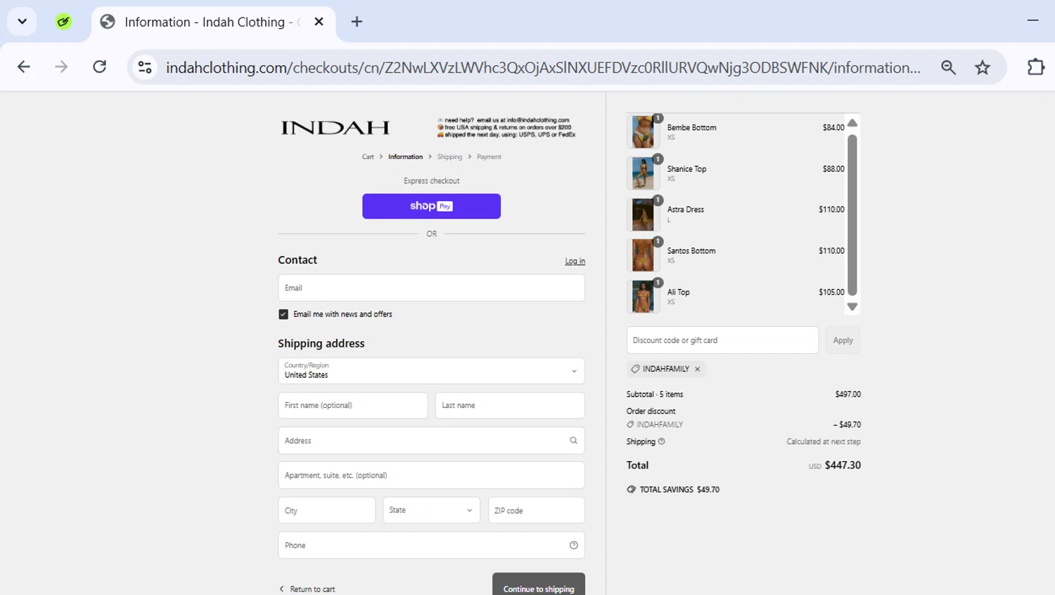 Indah Clothing promo code screenshot showing code indahfamily applied at Indah Clothing checkout page. Uploaded by SimplyCodes community member ExtraordinarySeeker9807 on Apr 27, 2025