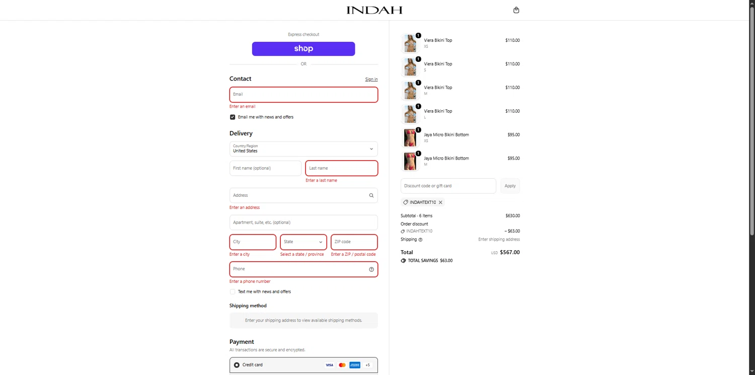 Indah Clothing checkout page showing Indah Clothing promo code box | Screenshot taken by SimplyCodes community member on Feb 13, 2026