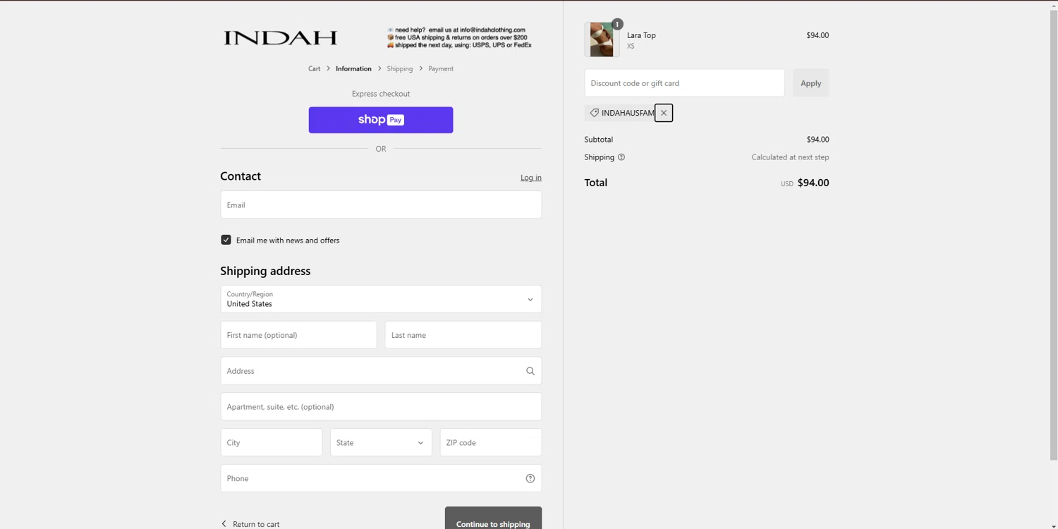 Indah Clothing promo code screenshot showing code INDAHAUSFAM applied at Indah Clothing checkout page. Uploaded by SimplyCodes community member JAKEELDOG on Jan 9, 2025