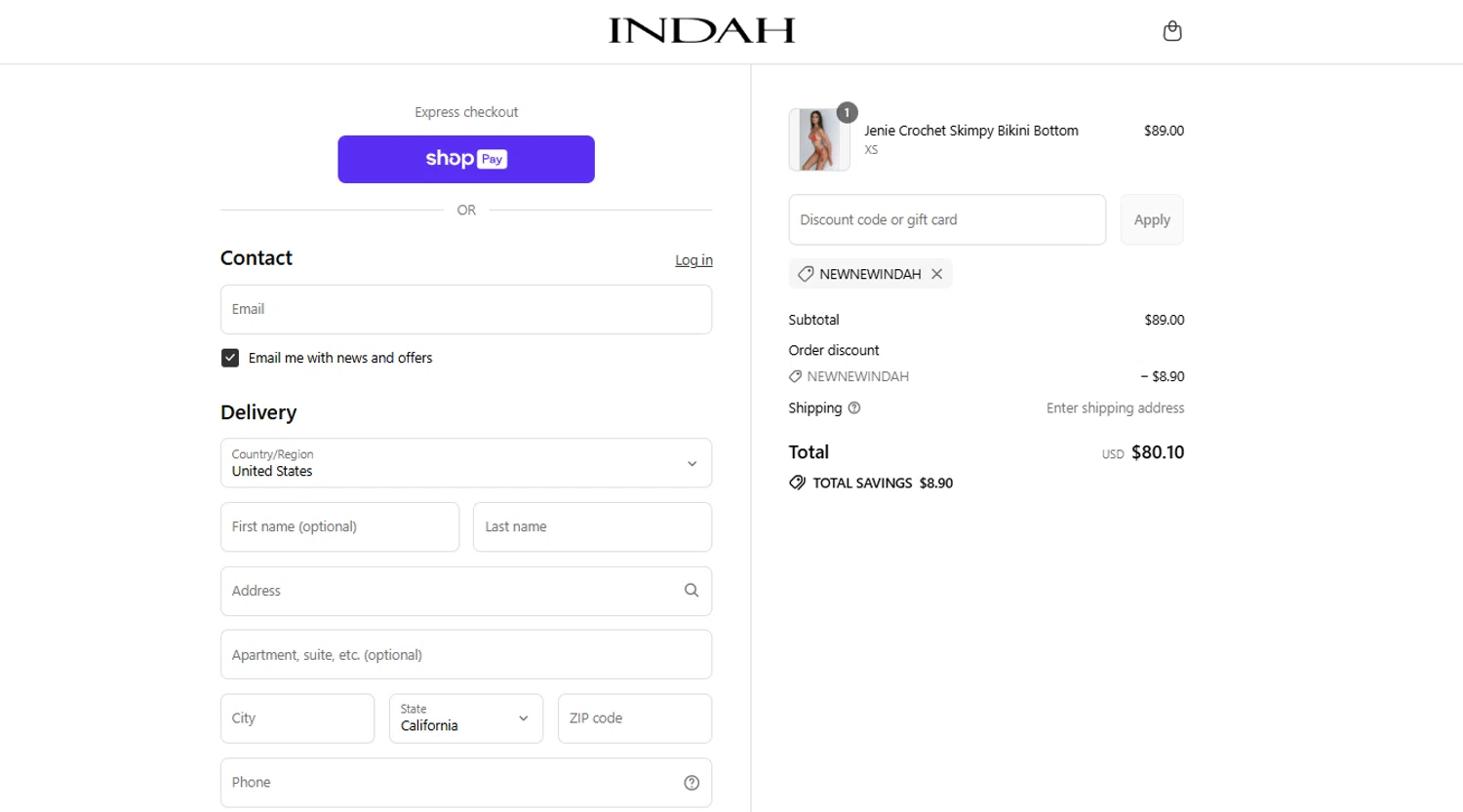 Indah Clothing promo code screenshot showing code NEWNEWINDAH applied at Indah Clothing checkout page. Uploaded by SimplyCodes community member NiceDeals on Aug 21, 2025