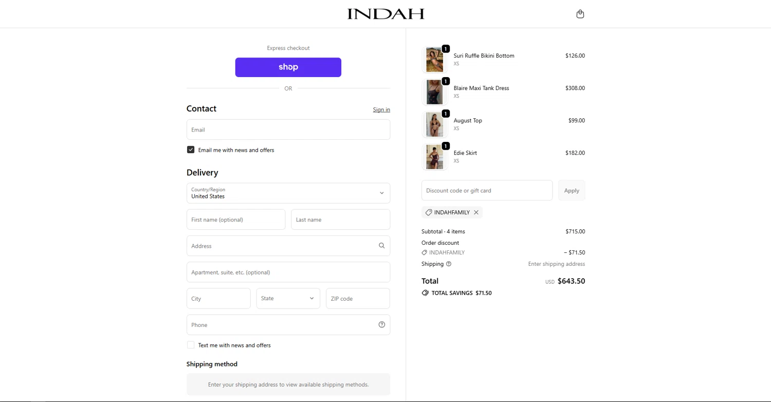 Indah Clothing promo code screenshot showing code INDAHFAMILY applied at Indah Clothing checkout page. Uploaded by SimplyCodes community member vctr7w7x on Oct 21, 2025