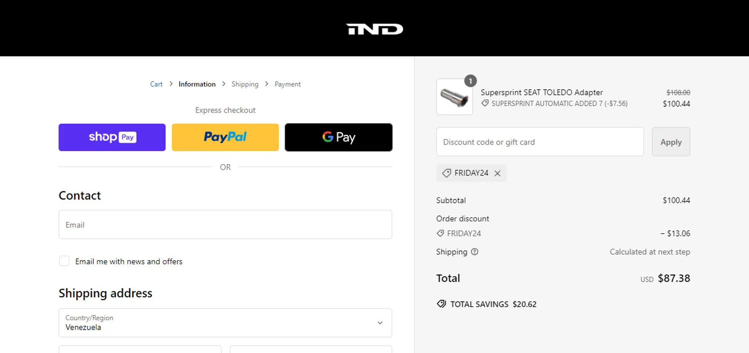 IND Distribution checkout page showing IND Distribution discount code box | Screenshot taken by SimplyCodes community member on Nov 29, 2024