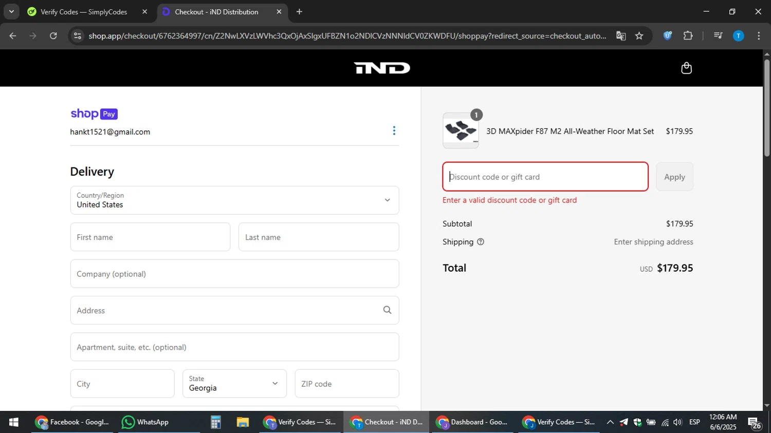 IND Distribution discount code screenshot showing code MEM25 applied at IND Distribution checkout page. Uploaded by SimplyCodes community member hankt1521 on Jun 6, 2025