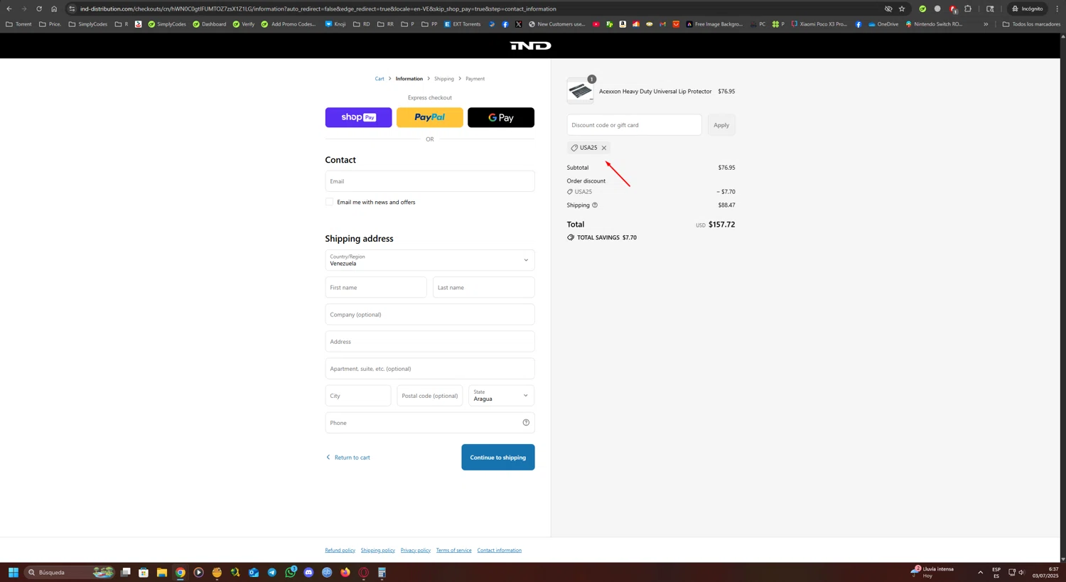 IND Distribution discount code screenshot showing code USA25 applied at IND Distribution checkout page. Uploaded by SimplyCodes community member UnkNownVnzla on Jul 3, 2025