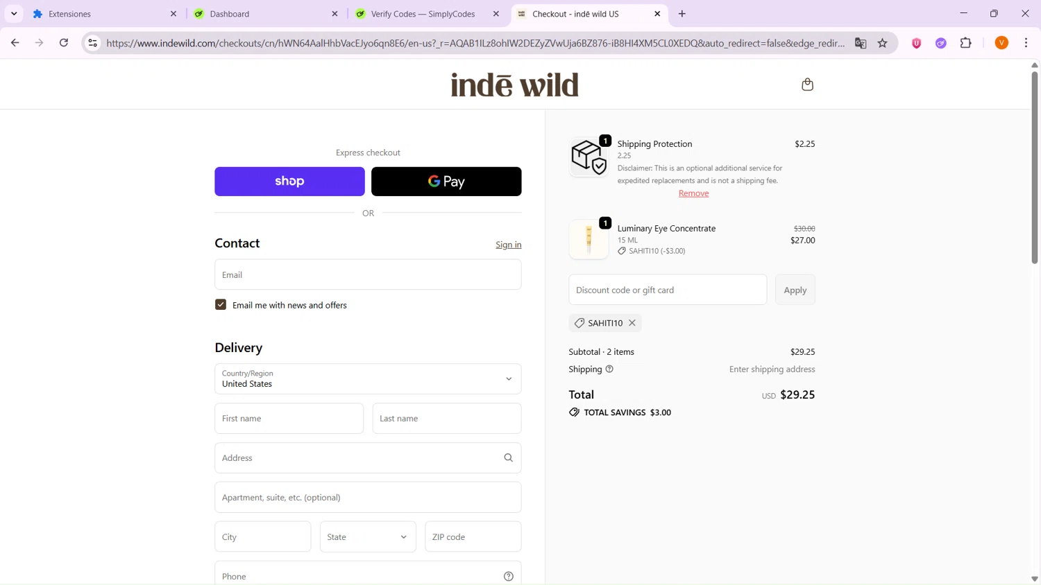 Inde Wild coupon code screenshot showing code SAHITI10 applied at Inde Wild checkout page. Uploaded by SimplyCodes community member VoucherShopper4674 on Dec 5, 2025