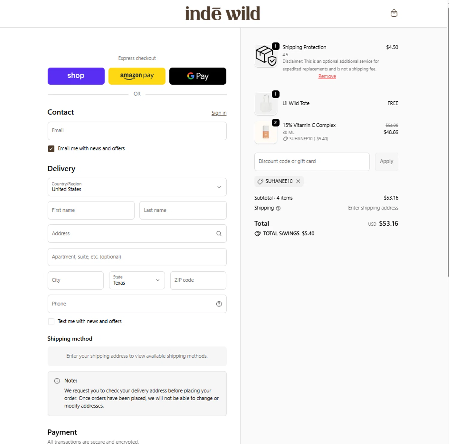 Inde Wild coupon code screenshot showing code SUHANEE10 applied at Inde Wild checkout page. Uploaded by SimplyCodes community member reggiesmith on Jan 16, 2026