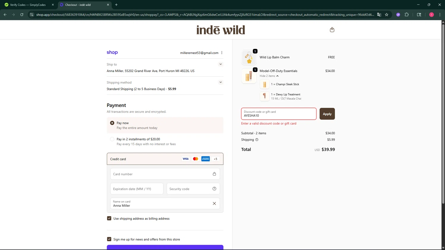 Inde Wild coupon code screenshot showing code AYESHA10 applied at Inde Wild checkout page. Uploaded by SimplyCodes community member BargainSeeker9964 on Feb 14, 2026