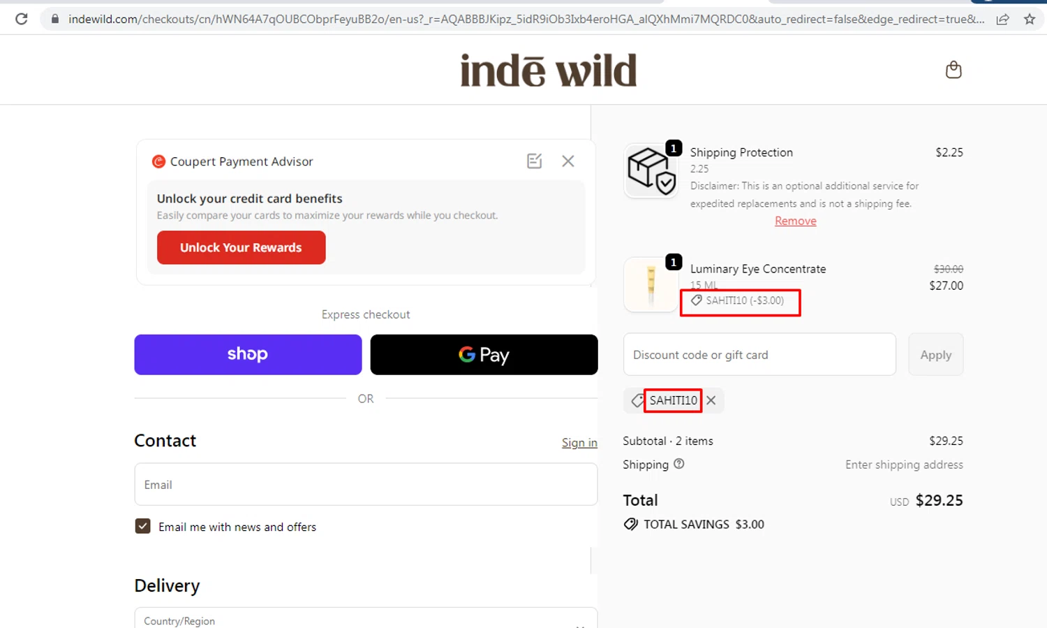 Inde Wild coupon code screenshot showing code SAHITI10 applied at Inde Wild checkout page. Uploaded by SimplyCodes community member nileskamarcano on Dec 5, 2025