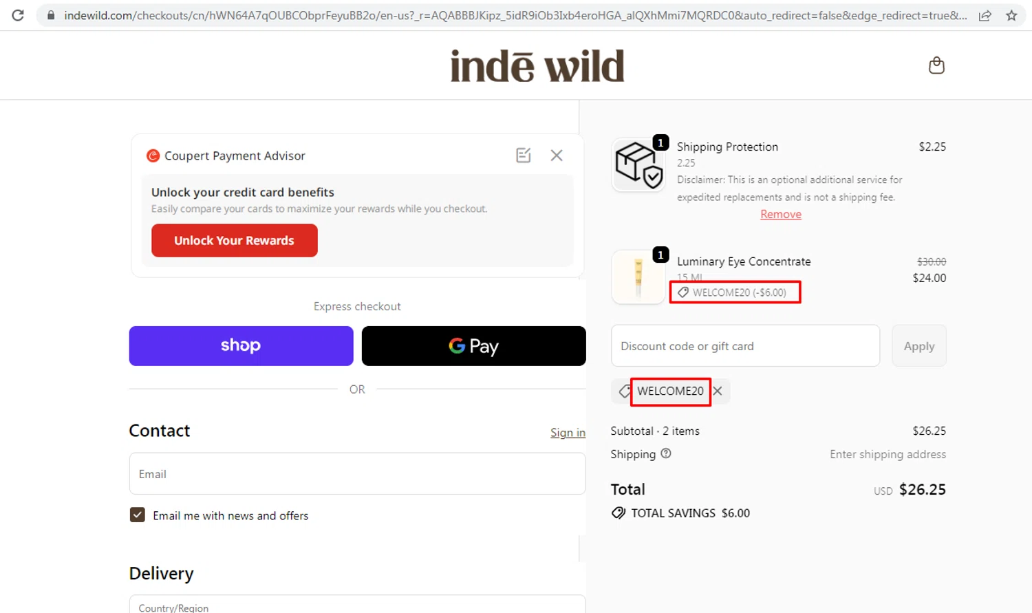 Inde Wild coupon code screenshot showing code WELCOME20 applied at Inde Wild checkout page. Uploaded by SimplyCodes community member nileskamarcano on Dec 5, 2025