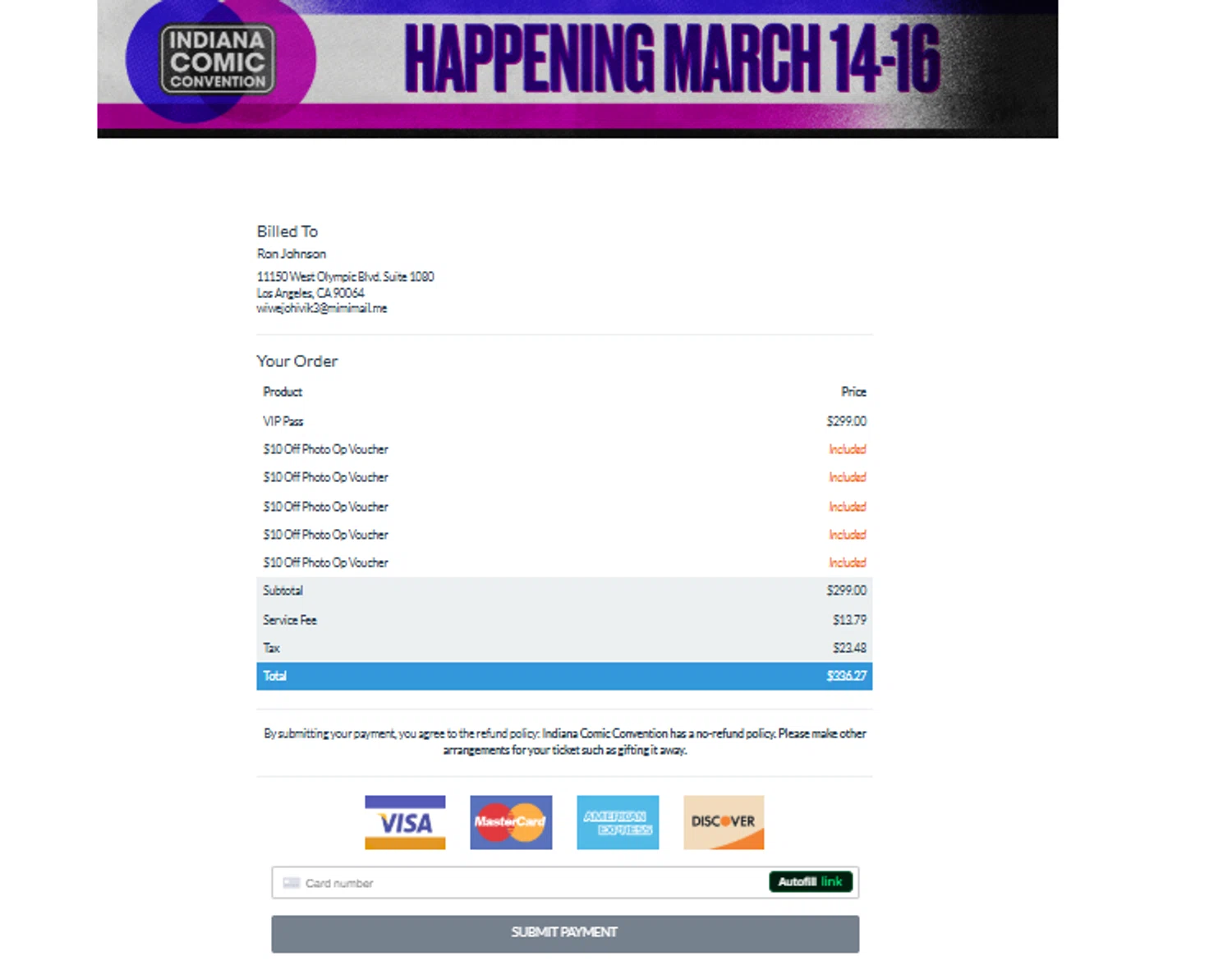 Indiana Comic Convention promo code screenshot showing code INDY applied at Indiana Comic Convention checkout page. Uploaded by SimplyCodes community member SimplyCVerlie on Feb 25, 2025
