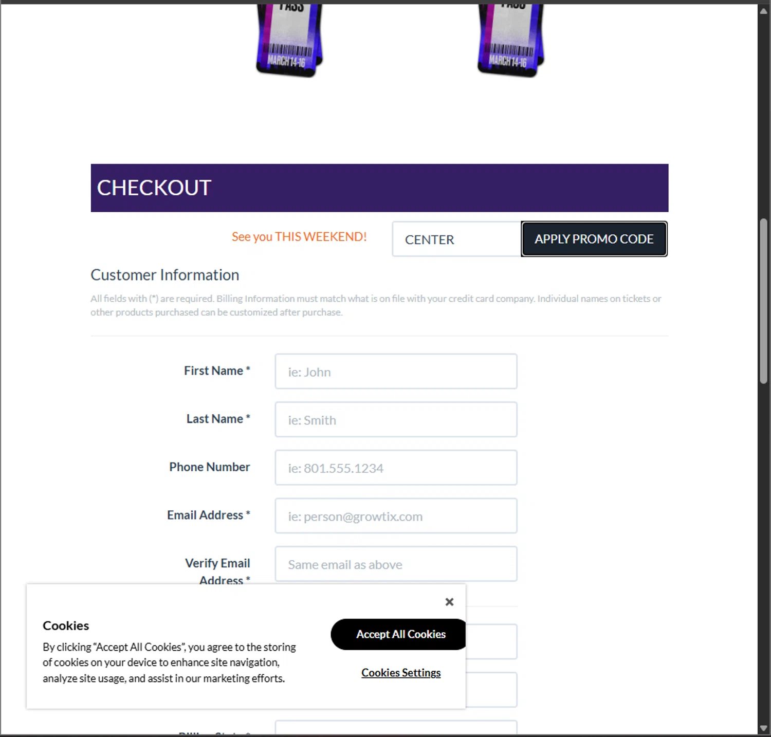 Indiana Comic Convention promo code screenshot showing code CENTER applied at Indiana Comic Convention checkout page. Uploaded by SimplyCodes community member PillarsofCreation on Mar 13, 2025