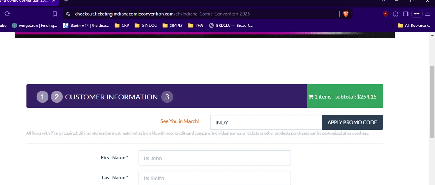 Indiana Comic Convention promo code screenshot showing code INDY applied at Indiana Comic Convention checkout page. Uploaded by SimplyCodes community member RickhiK on Feb 25, 2025