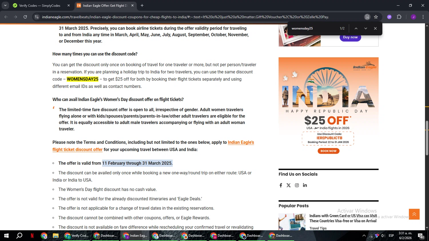 Indian Eagle coupon code screenshot showing code womensday25 applied at Indian Eagle checkout page. Uploaded by SimplyCodes community member ComeBurra123 on Feb 6, 2026