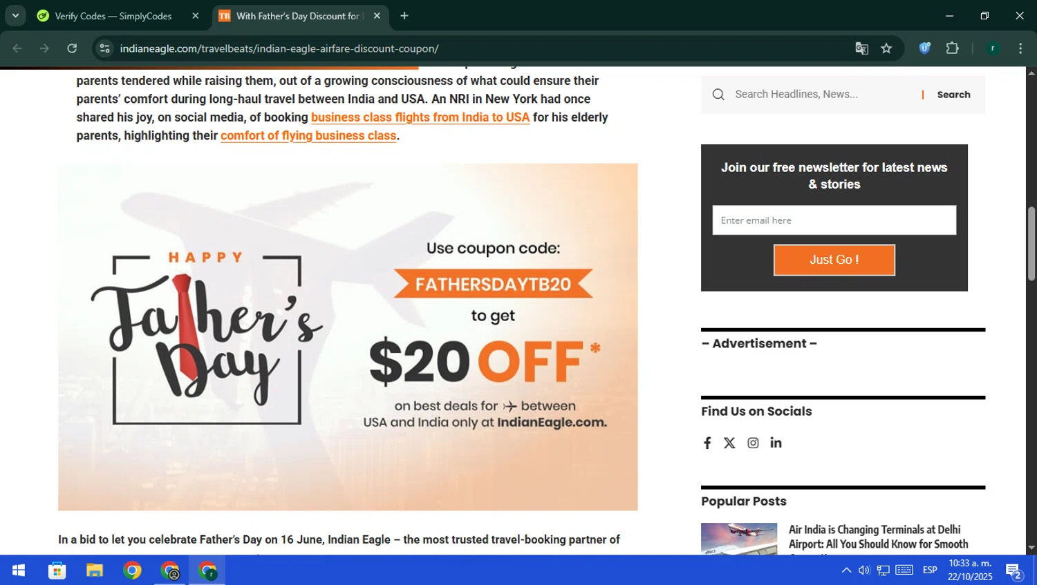Indian Eagle coupon code screenshot showing code FATHERSDAYTD20 applied at Indian Eagle checkout page. Uploaded by SimplyCodes community member rodri1 on Oct 22, 2025
