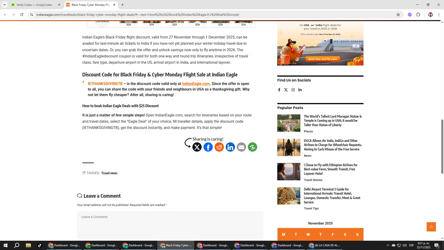 Indian Eagle coupon code screenshot showing code IETHANKSGIVINGTB applied at Indian Eagle checkout page. Uploaded by SimplyCodes community member Salometta on Nov 22, 2025