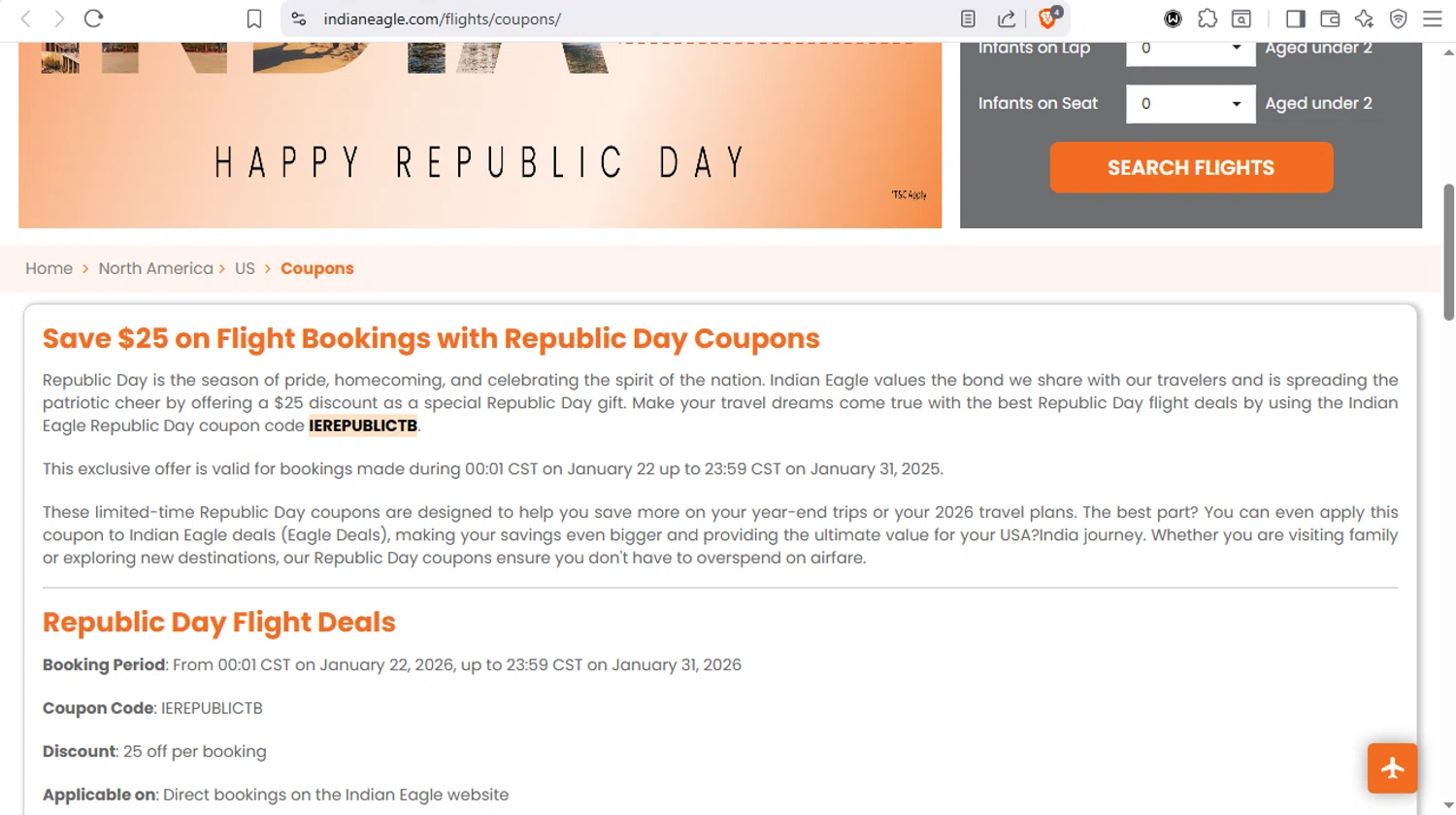 Indian Eagle checkout page showing Indian Eagle coupon code box | Screenshot taken by SimplyCodes community member on Jan 24, 2026