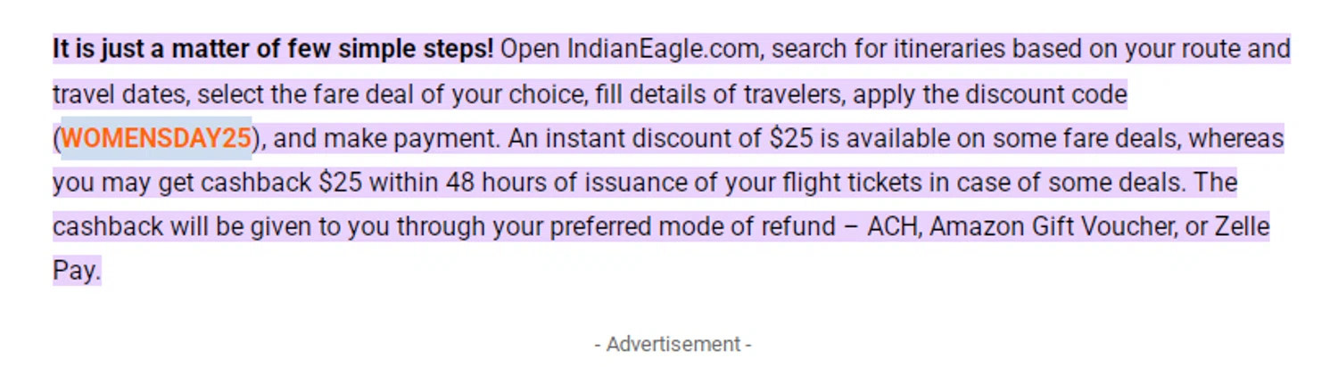 Indian Eagle coupon code screenshot showing code WOMENSDAY25 applied at Indian Eagle checkout page. Uploaded by SimplyCodes community member RonaldAcunaJr on Jan 17, 2026