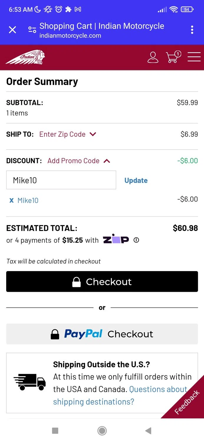 where to use Indian Motorcycle promo code box