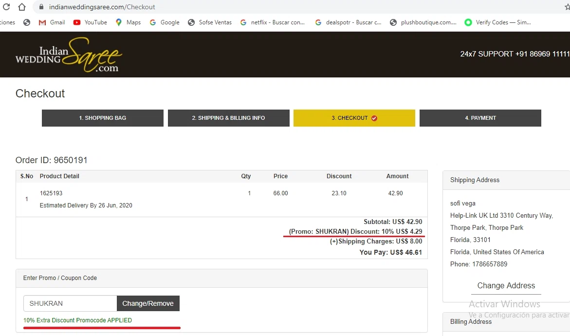 Indian Wedding Saree checkout page showing Indian Wedding Saree promo code box | Screenshot taken by SimplyCodes community member on May 12, 2020