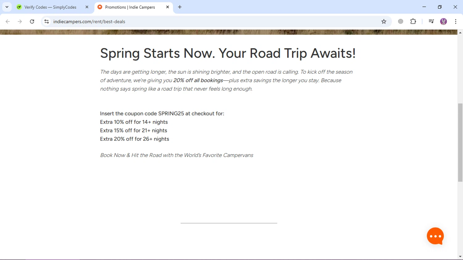 Indie Campers checkout page showing Indie Campers promo code box | Screenshot taken by SimplyCodes community member on Mar 6, 2025