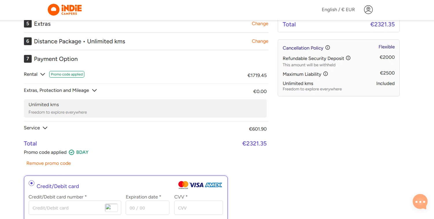 Indie Campers checkout page showing Indie Campers promo code box | Screenshot taken by SimplyCodes community member on Mar 11, 2025
