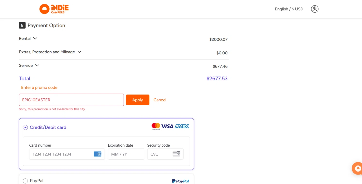 Indie Campers checkout page showing Indie Campers promo code box | Screenshot taken by SimplyCodes community member on Apr 10, 2025