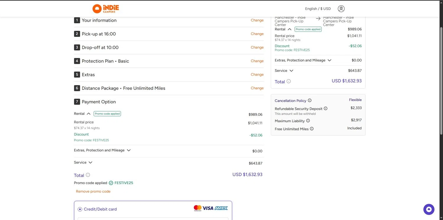 Indie Campers promo code screenshot showing code FESTIVE25 applied at Indie Campers checkout page. Uploaded by SimplyCodes community member Depressive on Dec 4, 2025