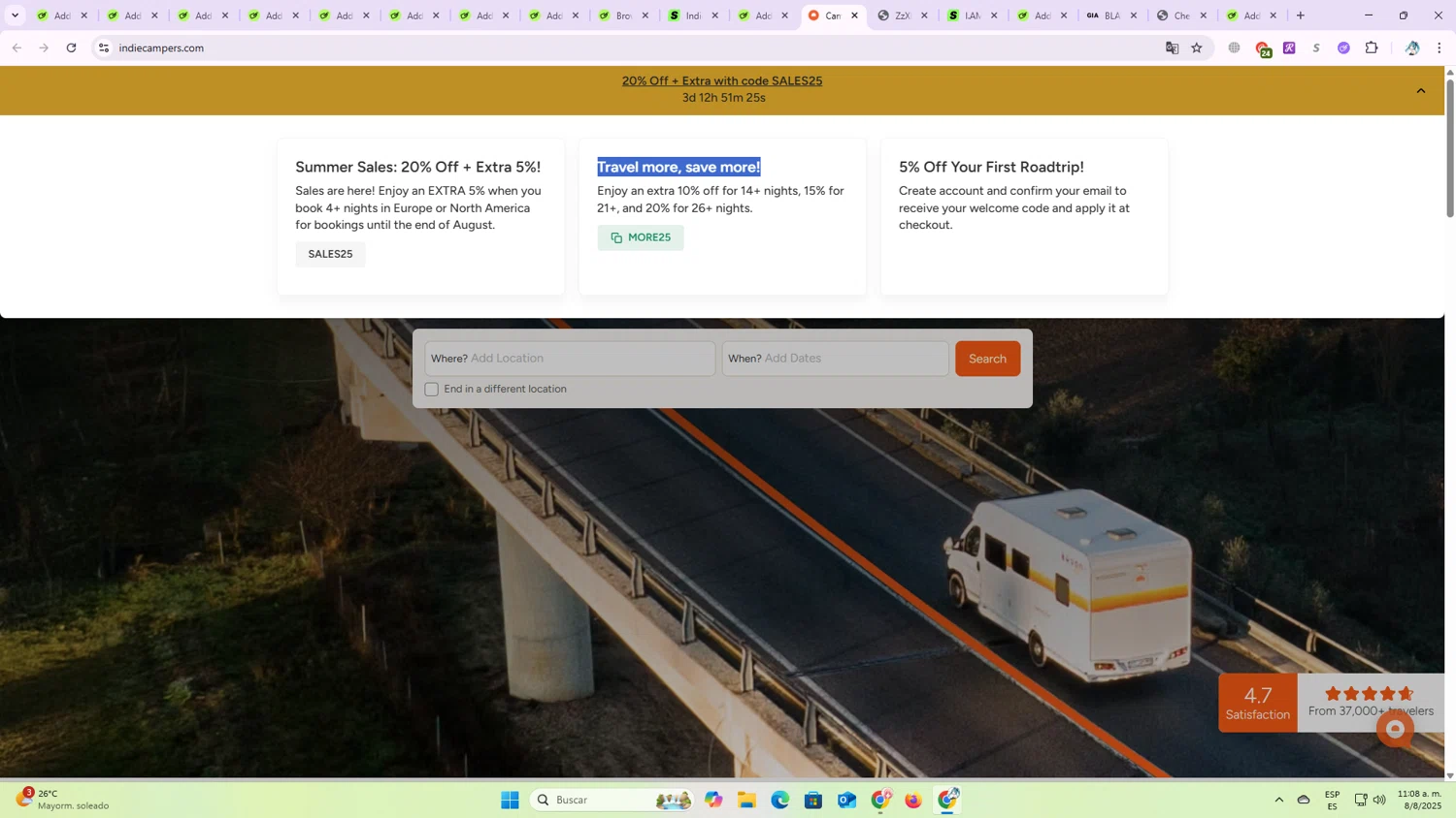 Indie Campers promo code screenshot showing code MORE25 applied at Indie Campers checkout page. Uploaded by SimplyCodes community member OriCarol on Aug 8, 2025