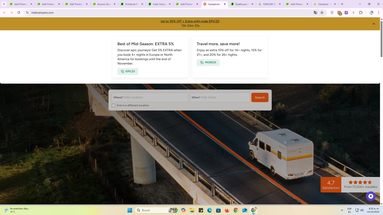 Indie Campers promo code screenshot showing code MORE25 applied at Indie Campers checkout page. Uploaded by SimplyCodes community member OriCarol on Oct 13, 2025