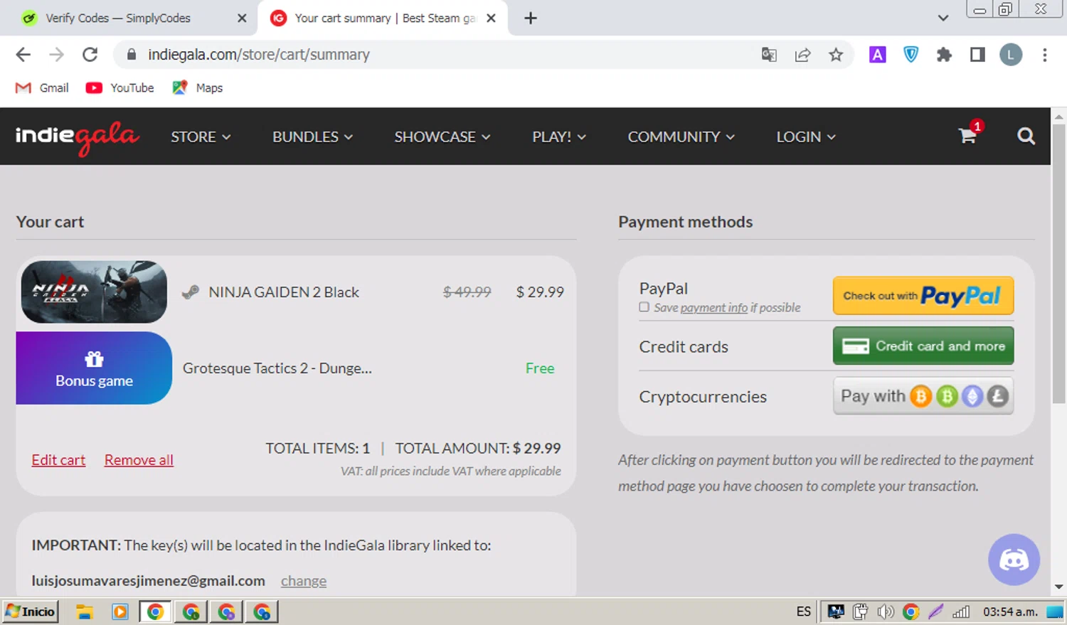 IndieGala promo code screenshot showing code CASHBACK applied at IndieGala checkout page. Uploaded by SimplyCodes community member coder_luis on Jun 23, 2025