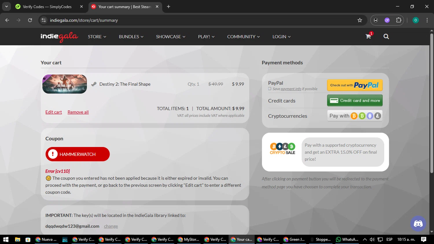IndieGala promo code screenshot showing code HAMMERWATCH applied at IndieGala checkout page. Uploaded by SimplyCodes community member LuckyDefender9428 on Jul 23, 2025