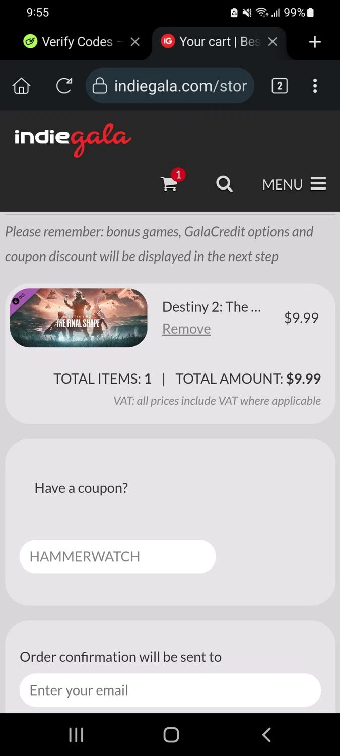 IndieGala promo code screenshot showing code HAMMERWATCH applied at IndieGala checkout page. Uploaded by SimplyCodes community member VillaloboY on Jul 5, 2025