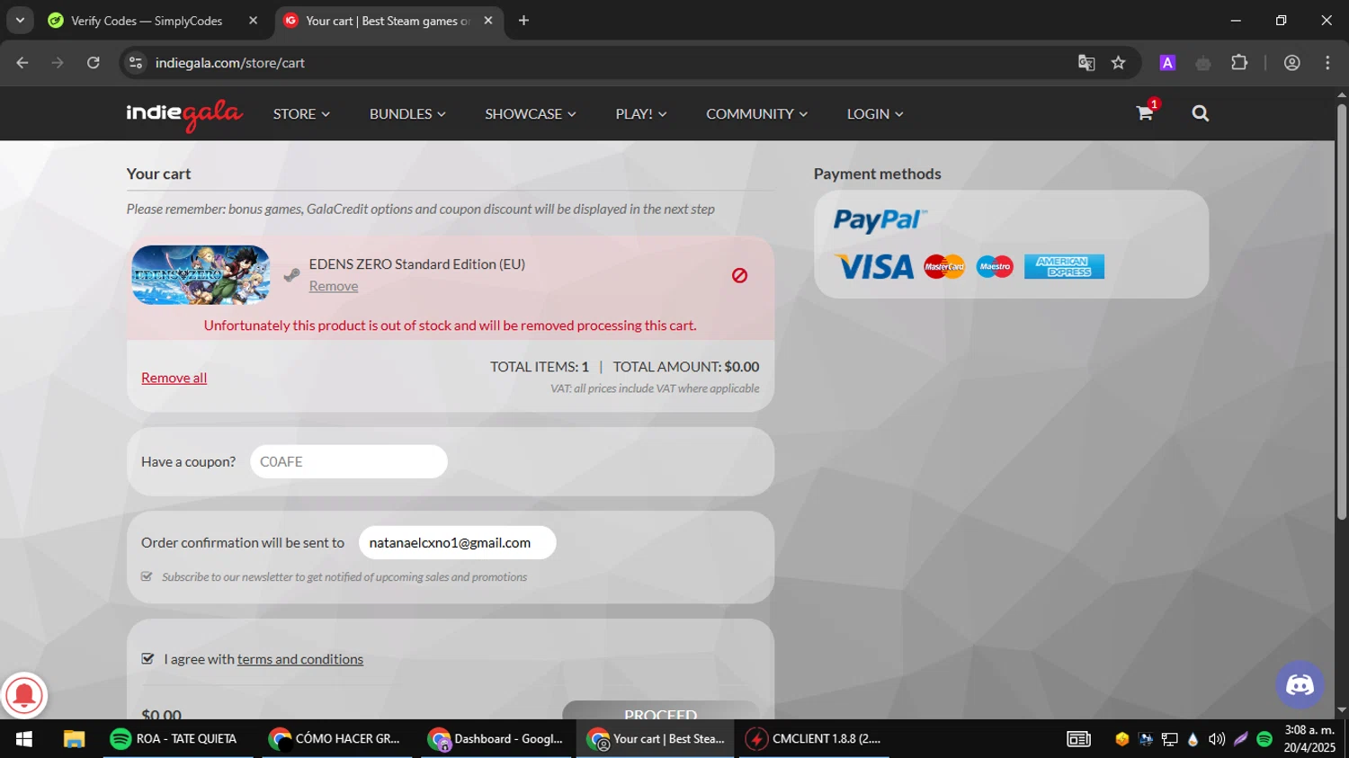 IndieGala promo code screenshot showing code C0AFE applied at IndieGala checkout page. Uploaded by SimplyCodes community member ELREAL7 on Apr 20, 2025