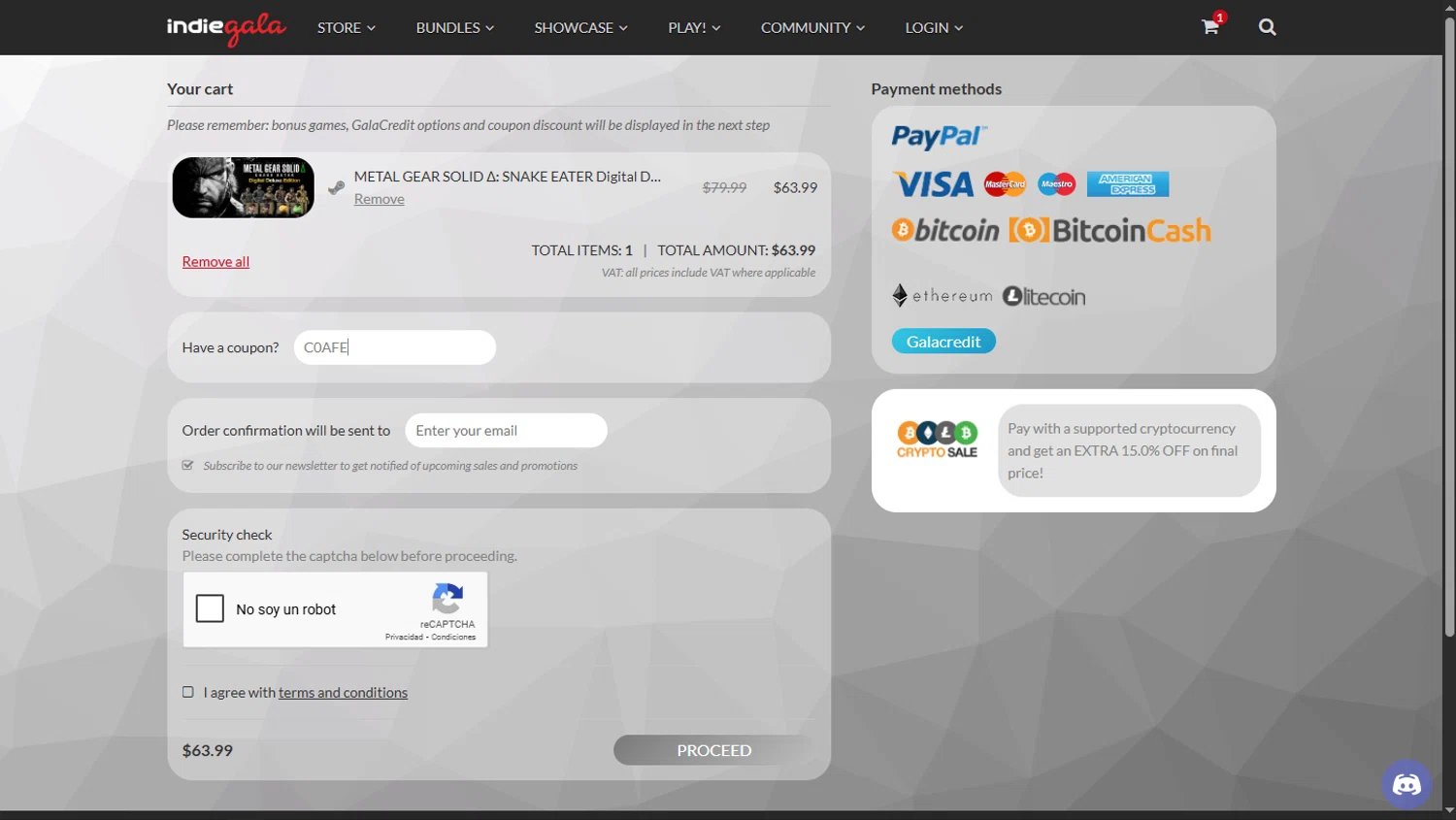 IndieGala promo code screenshot showing code C0AFE applied at IndieGala checkout page. Uploaded by SimplyCodes community member TokioMiller on May 23, 2025