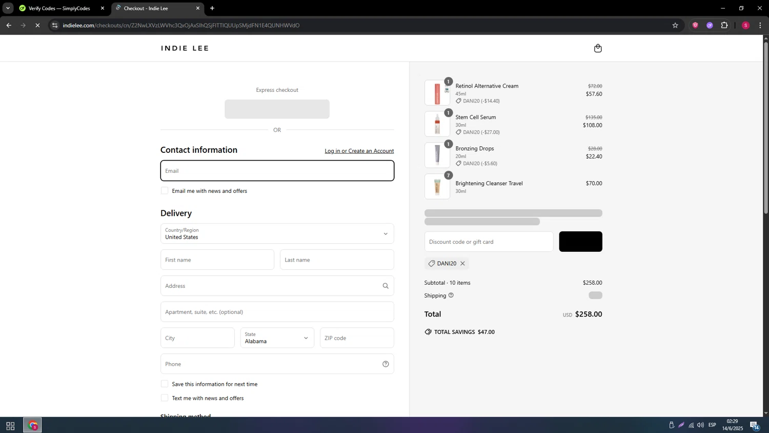 Indie Lee promo code screenshot showing code DANI20 applied at Indie Lee checkout page. Uploaded by SimplyCodes community member 789456 on Jun 14, 2025