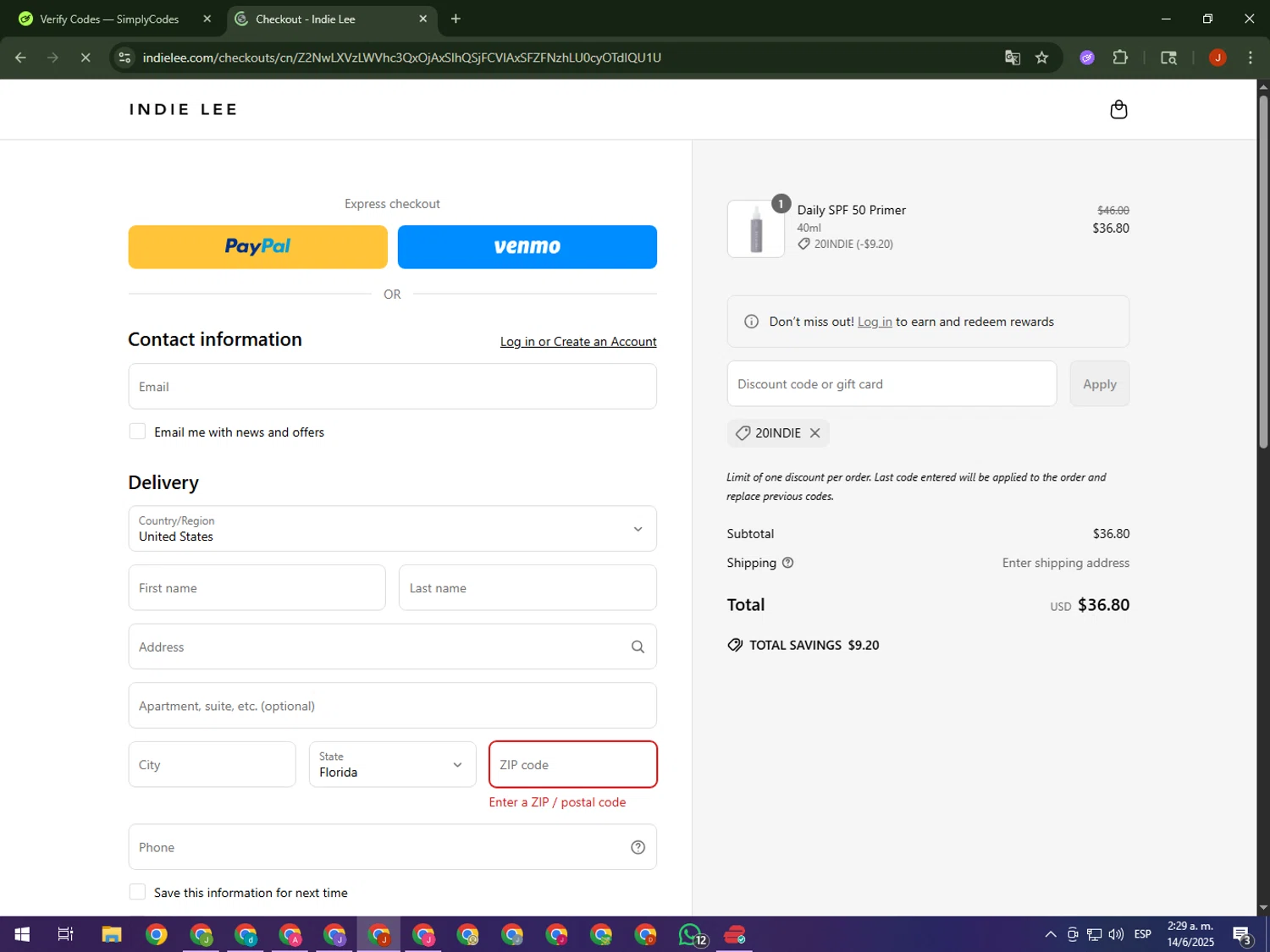 Indie Lee promo code screenshot showing code 20INDIE applied at Indie Lee checkout page. Uploaded by SimplyCodes community member KimDokja on Jun 14, 2025