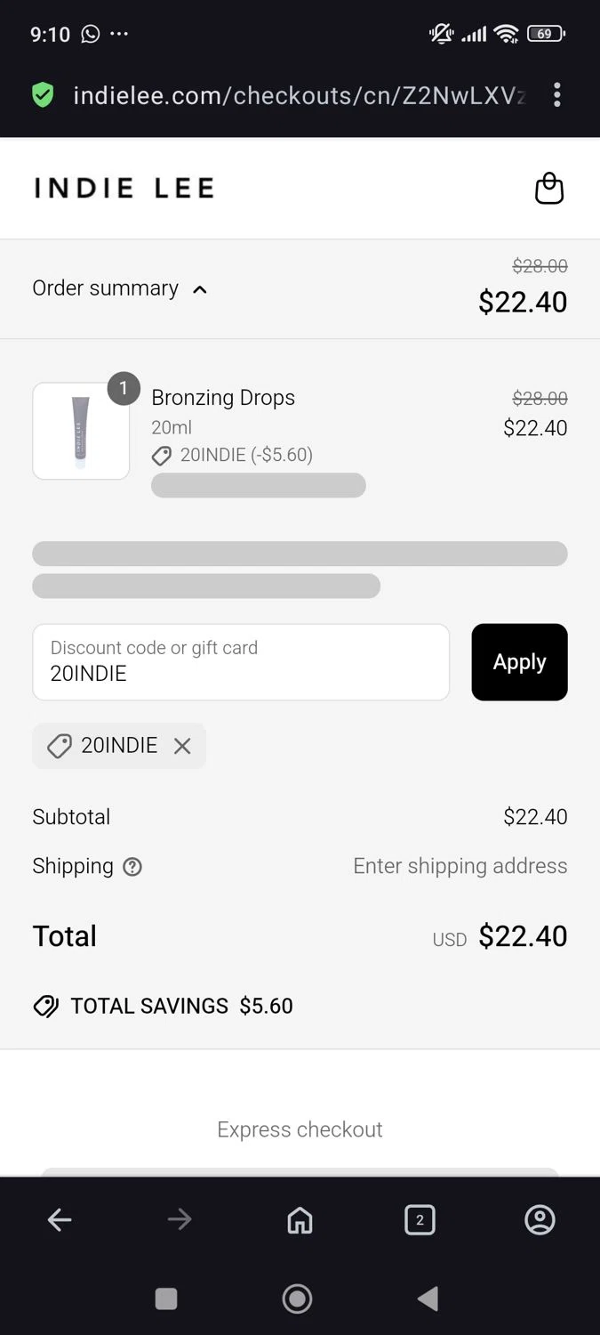 Indie Lee promo code screenshot showing code 20INDIE applied at Indie Lee checkout page. Uploaded by SimplyCodes community member ShieldAce8475 on Apr 5, 2025