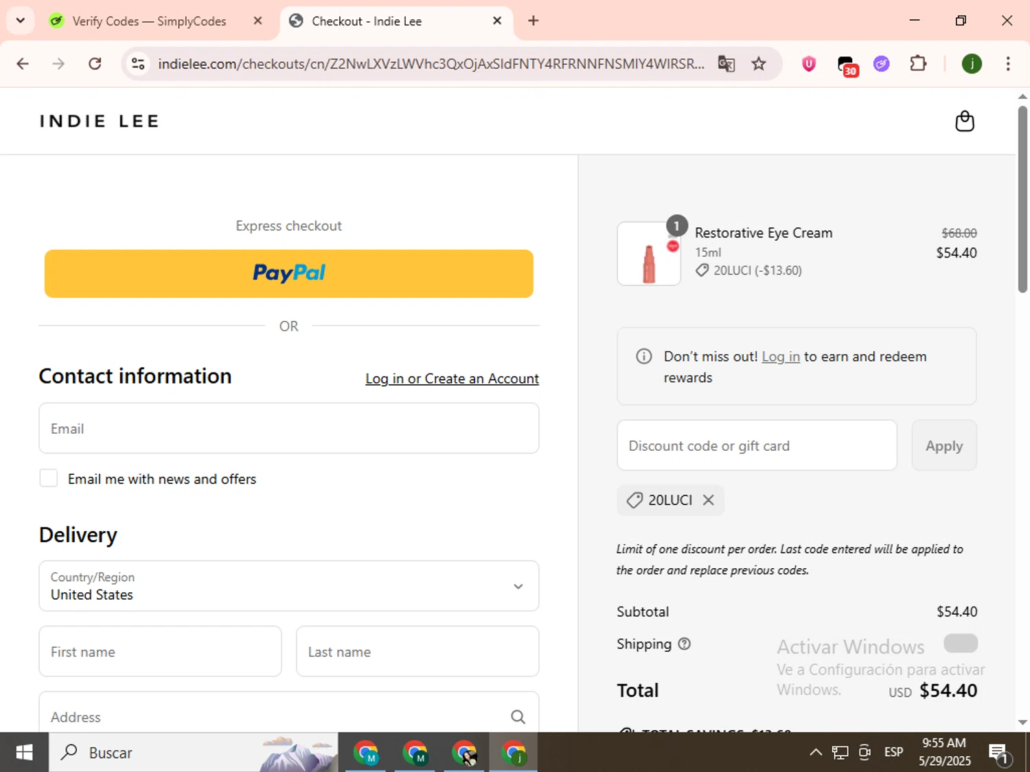 Indie Lee promo code screenshot showing code 20LUCI applied at Indie Lee checkout page. Uploaded by SimplyCodes community member SavingsCollector2592 on May 29, 2025