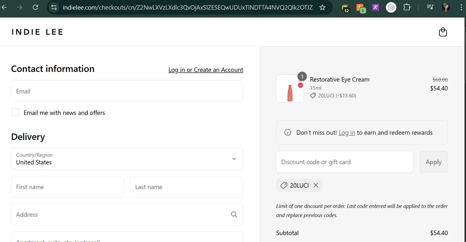 Indie Lee promo code screenshot showing code 20LUCI applied at Indie Lee checkout page. Uploaded by SimplyCodes community member MarUmi on May 16, 2025