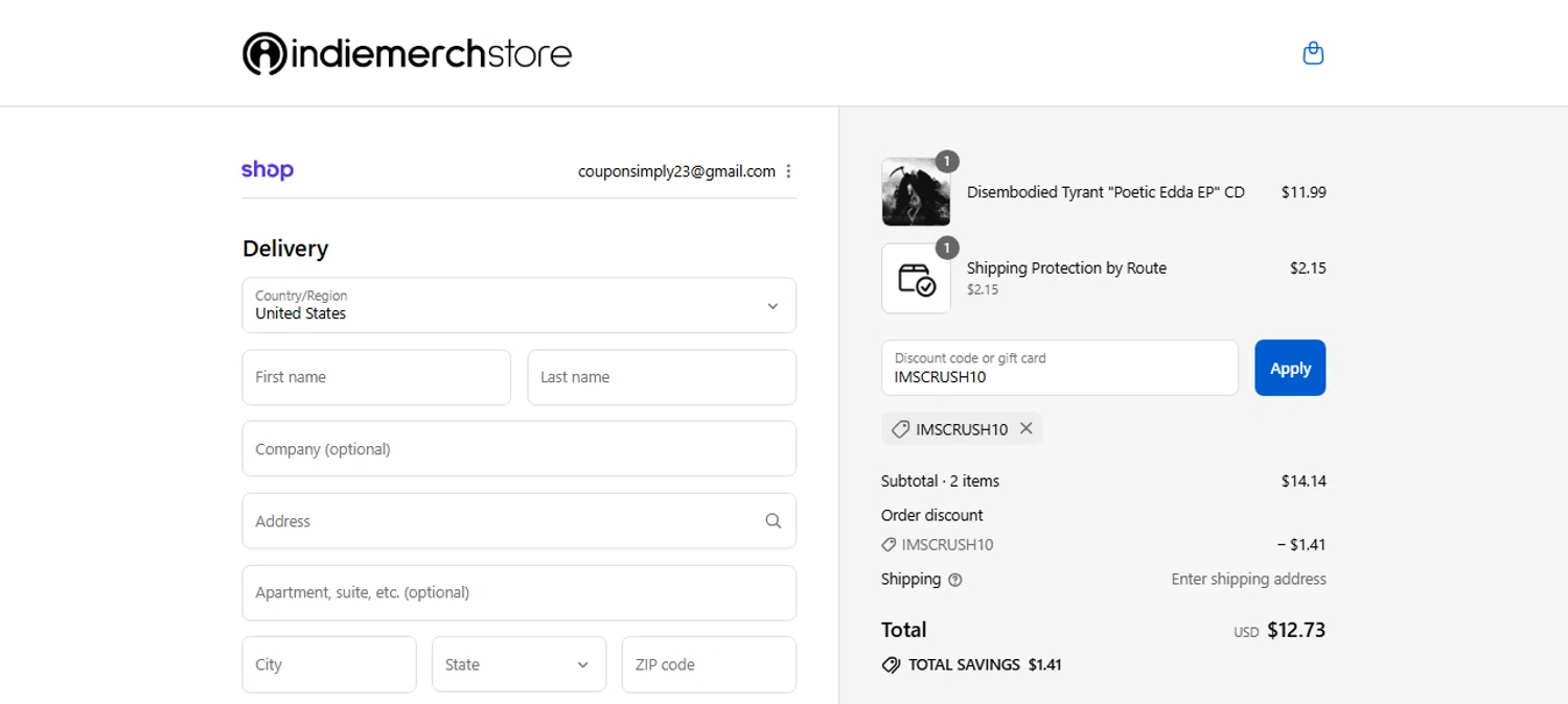 IndieMerchstore discount code screenshot showing code IMSCRUSH10 applied at IndieMerchstore checkout page. Uploaded by SimplyCodes community member Myrulesmagazine23 on Sep 5, 2025