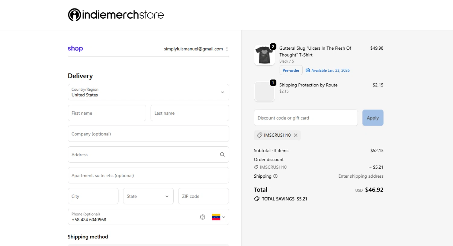 IndieMerchstore discount code screenshot showing code IMSCRUSH10 applied at IndieMerchstore checkout page. Uploaded by SimplyCodes community member WoskalRevenge on Dec 7, 2025