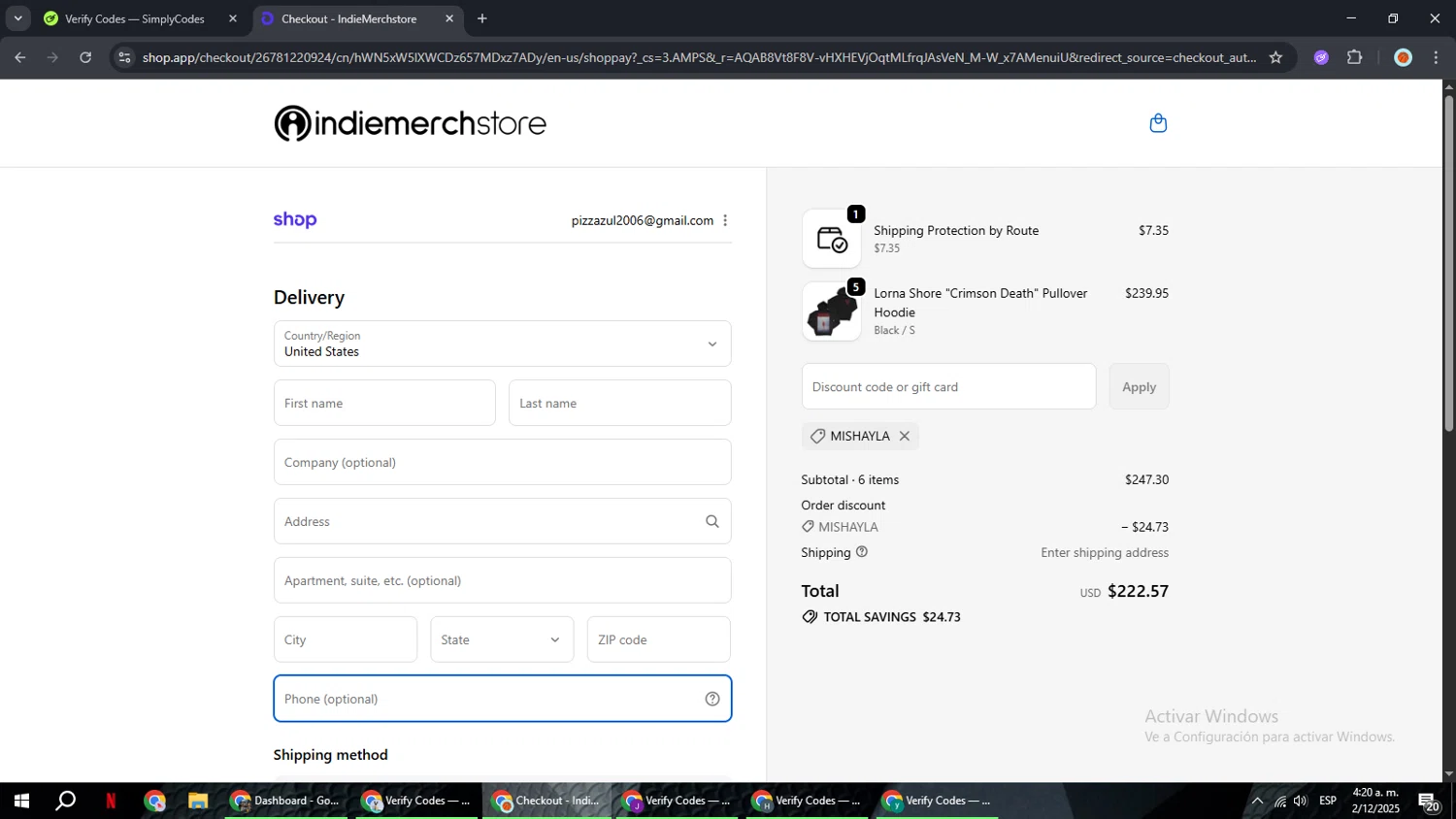 IndieMerchstore discount code screenshot showing code MISHAYLA applied at IndieMerchstore checkout page. Uploaded by SimplyCodes community member BonusCaptain9927 on Dec 2, 2025
