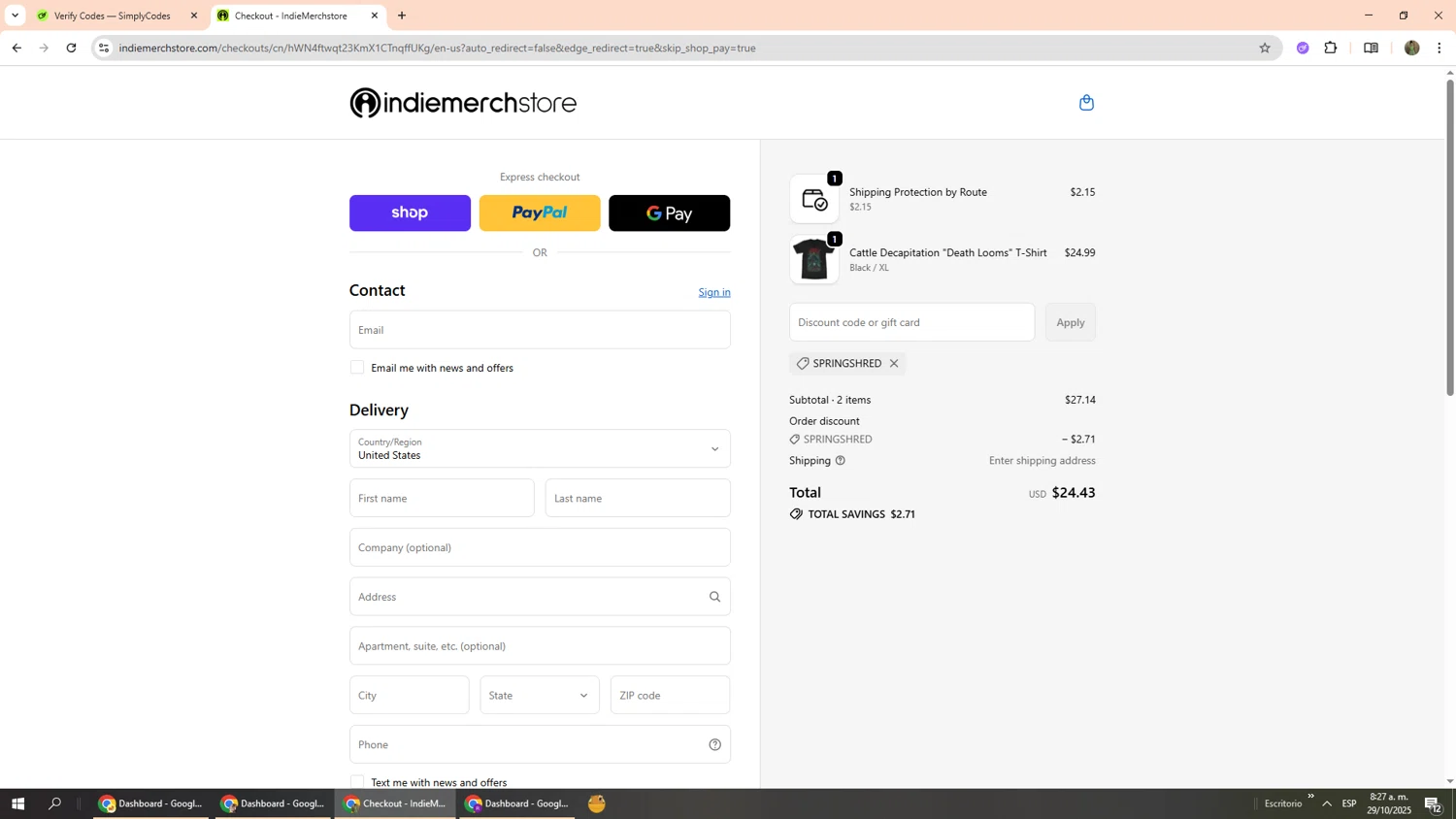 IndieMerchstore discount code screenshot showing code SPRINGSHRED applied at IndieMerchstore checkout page. Uploaded by SimplyCodes community member Phoenix585 on Oct 29, 2025