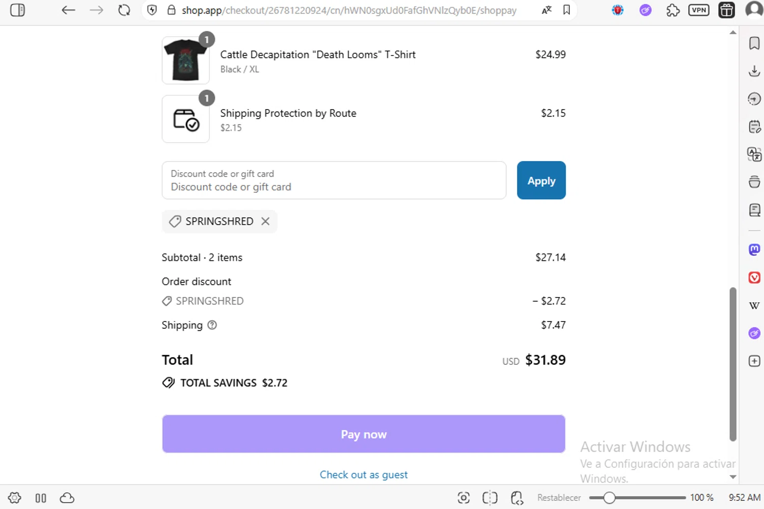 IndieMerchstore discount code screenshot showing code SPRINGSHRED applied at IndieMerchstore checkout page. Uploaded by SimplyCodes community member luissilva2 on Jul 21, 2025
