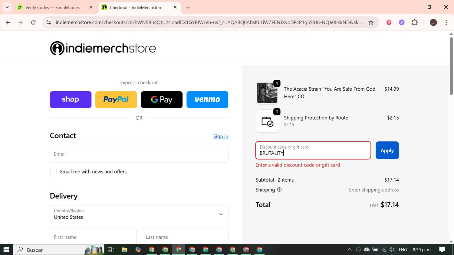 IndieMerchstore discount code screenshot showing code BRUTALITY applied at IndieMerchstore checkout page. Uploaded by SimplyCodes community member PrimeGenius2371 on Nov 12, 2025